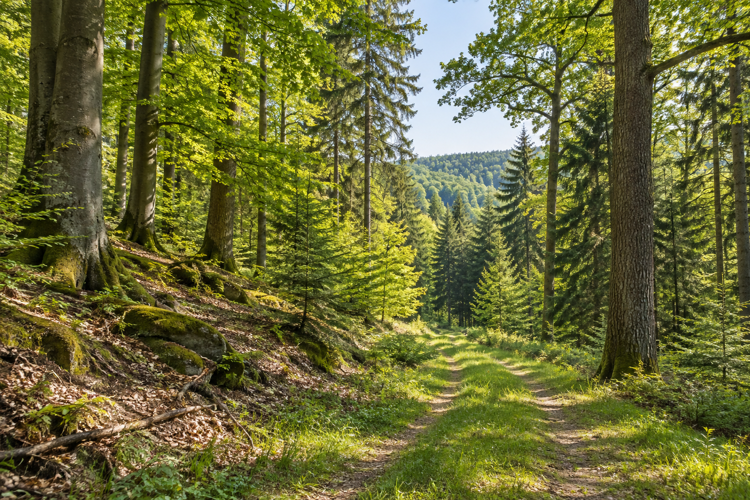 Lichter Laub- und Mischwald mit einem schmalen Forstweg